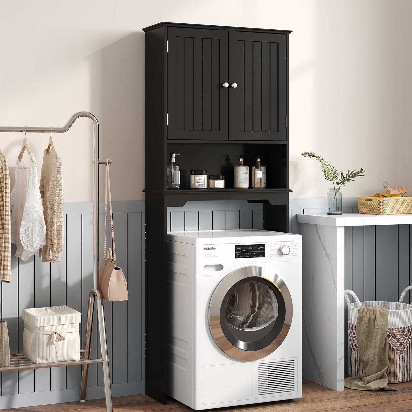CONCETTA White Over The Toilet Cabinet for Bathroom, Space Saver Storage with Quiet Magnetic Doors & Adjustable Bottom Stabilizer