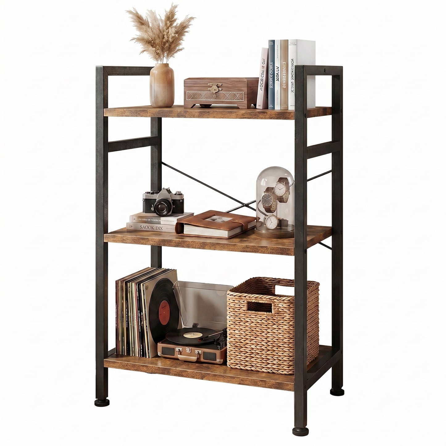 CONCETTA Bookshelf, 3-Tier Small Industrial Storage Shelf & Shelves, Metal Bookcase for Home Office, Living Room, Rust Brown