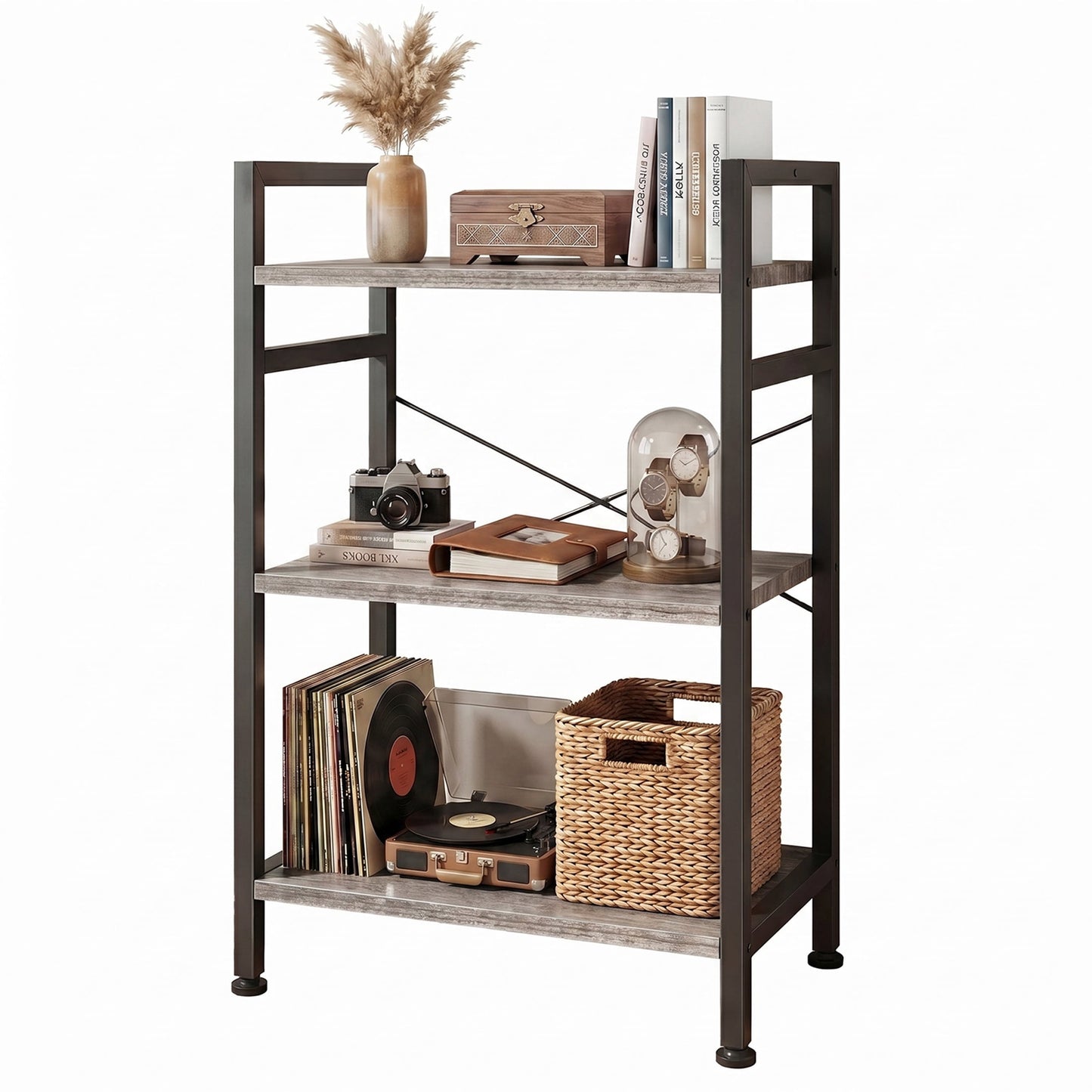 CONCETTA Bookshelf, 3-Tier Small Industrial Storage Shelf & Shelves, Metal Bookcase for Home Office, Living Room, Bedroom, Wood Gray