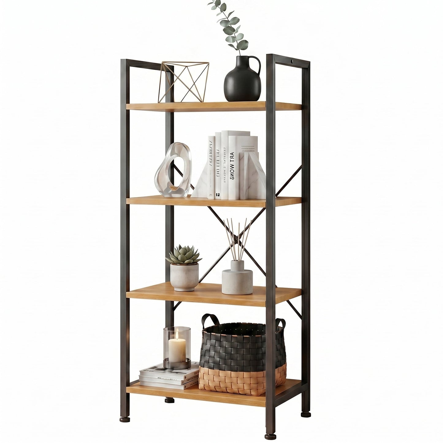 CONCETTA Bookshelf, 4-Tier Small Industrial Storage Shelf & Shelves, Metal Bookcase for Home Office, Living Room, Wood