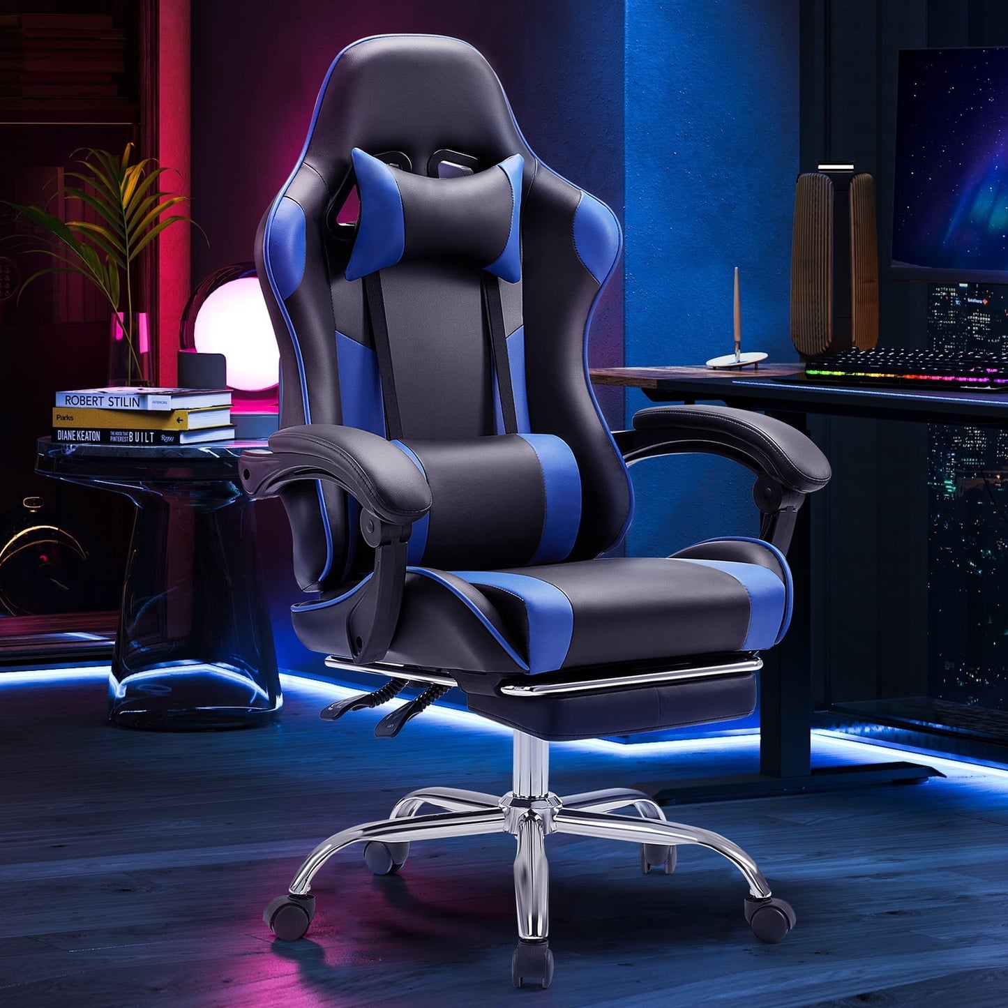 CONCETTA Computer Chair with Footrest and Lumbar Support, Home Offfice Chair, Black and Blue