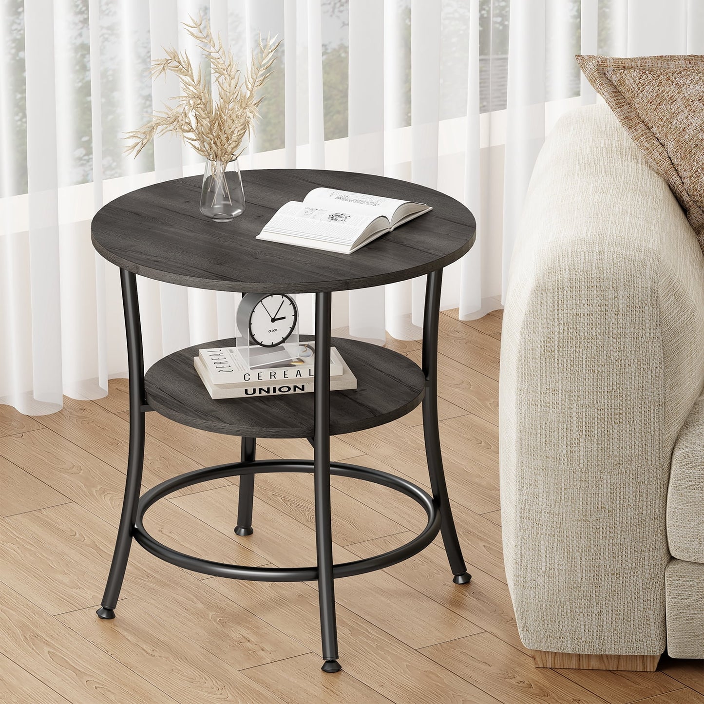 CONCETTA 2-Tier Small Round Side Table, Bedside Nightstand with Sturdy 70lbs Top Capacity, End Table for Living Room, Bed Room & Small Spaces,Gray