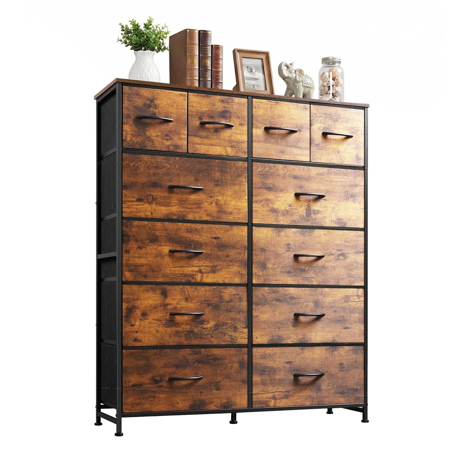 CONCETTA Dresser Storage with 12 Drawers,Structural Stability, Iron Frame Structure and Wood Top for Living room, Home Office, Rust Brown