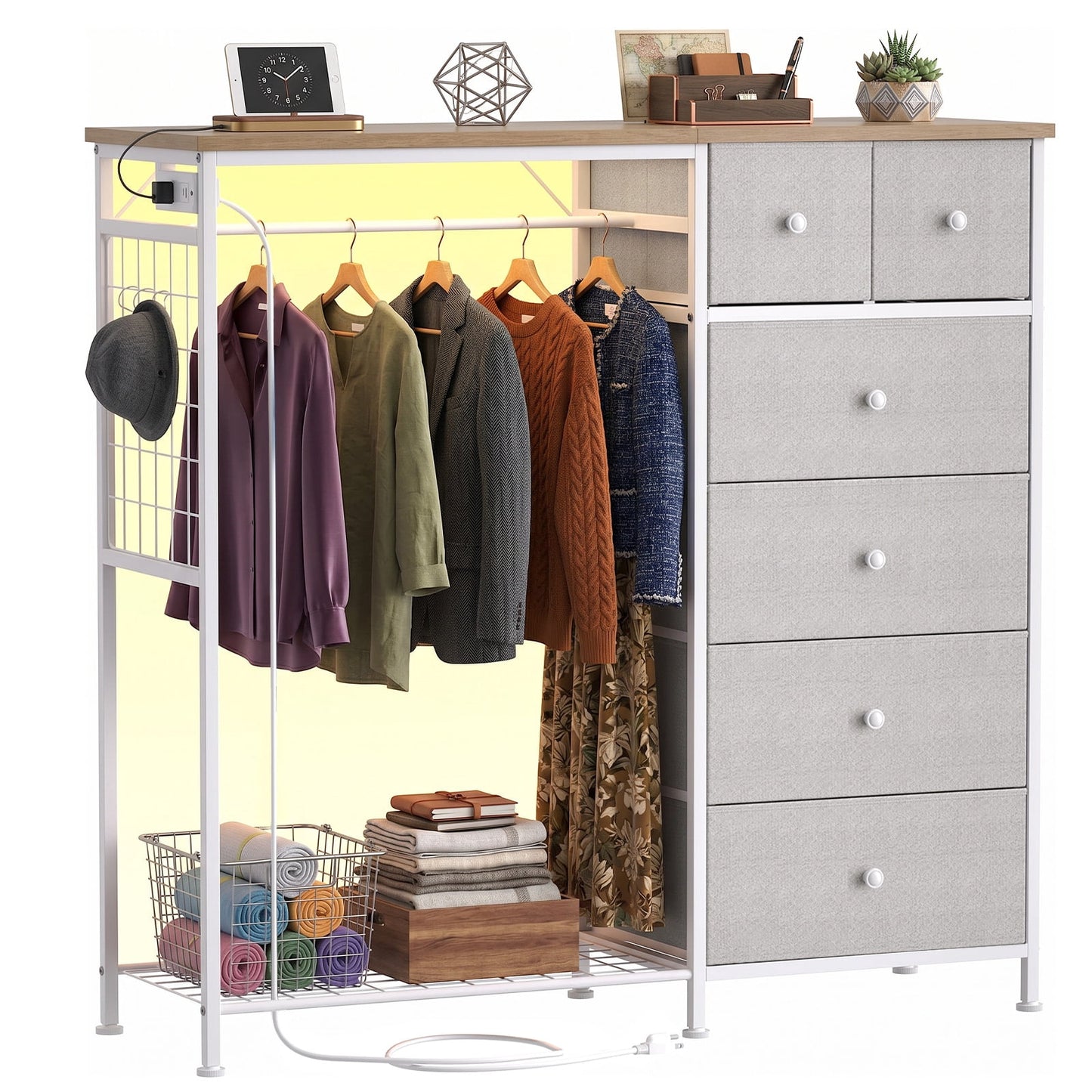 CONCETTA Dresser for Bedroom with Hanging Rack 6 Drawers Dresser, LED Lights & Charging Station, Wooden Top, Grid Panel, Light Gray