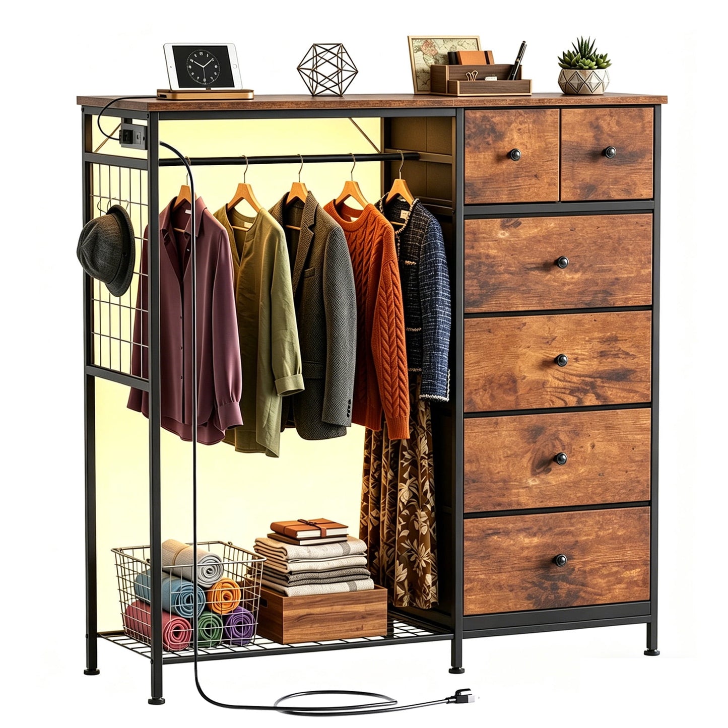 CONCETTA Dresser for Bedroom with Hanging Rack 6 Drawers Dresser, LED Lights & Charging Station, Wooden Top, Grid Panel, Rust Brown