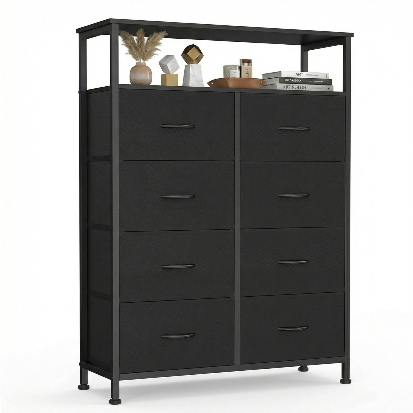 CONCETTA 8 Drawers Fabric Dresser with Open Shelves, Tall Storage Tower for Bedroom Closet, Living Room Entryway Hallway, Black