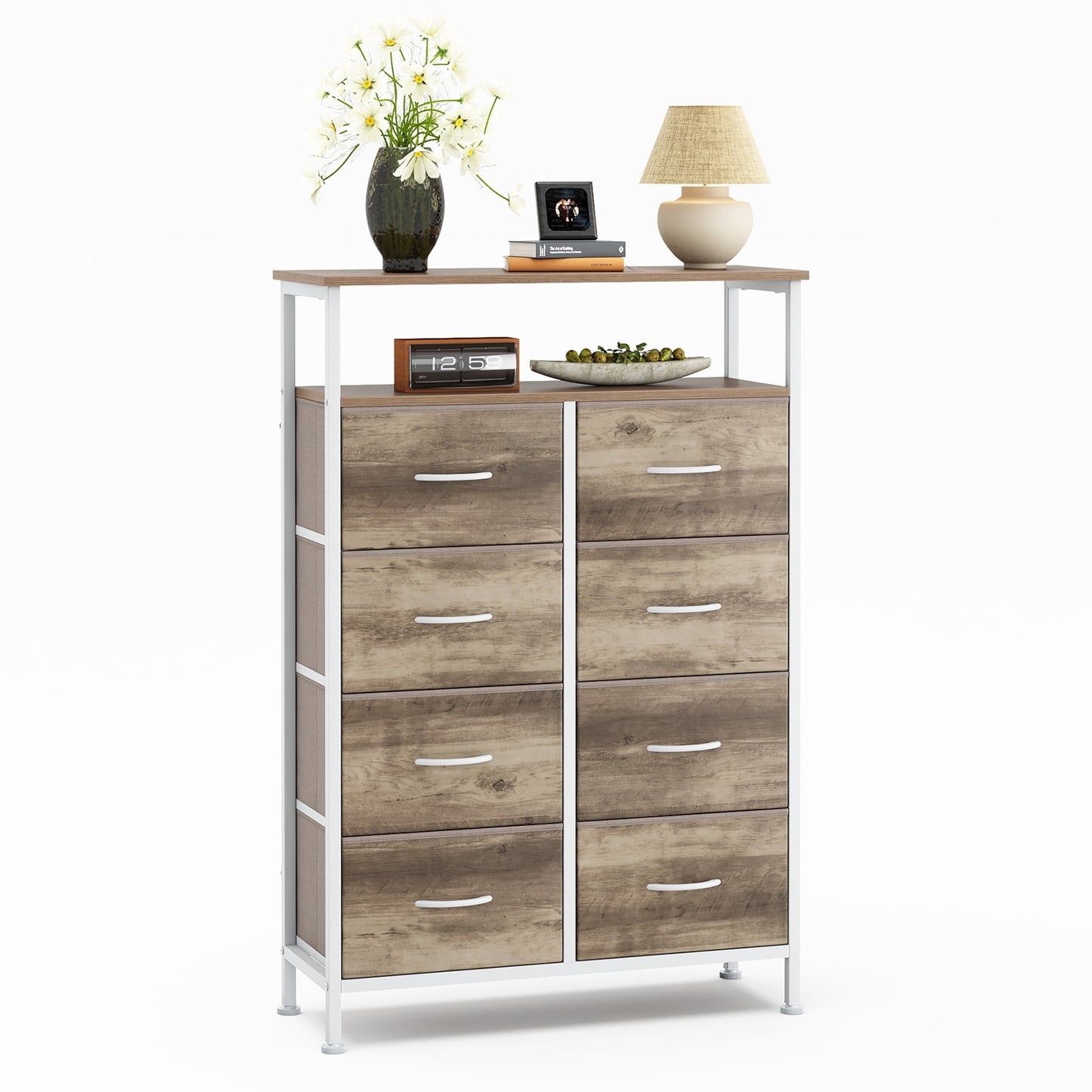 CONCETTA 8-Drawer Fabric Storage Cabinet, Open Shelf, 45.9-inch Tall Organizer for Bedroom Closet Organization, Living Room Hallway, Oak