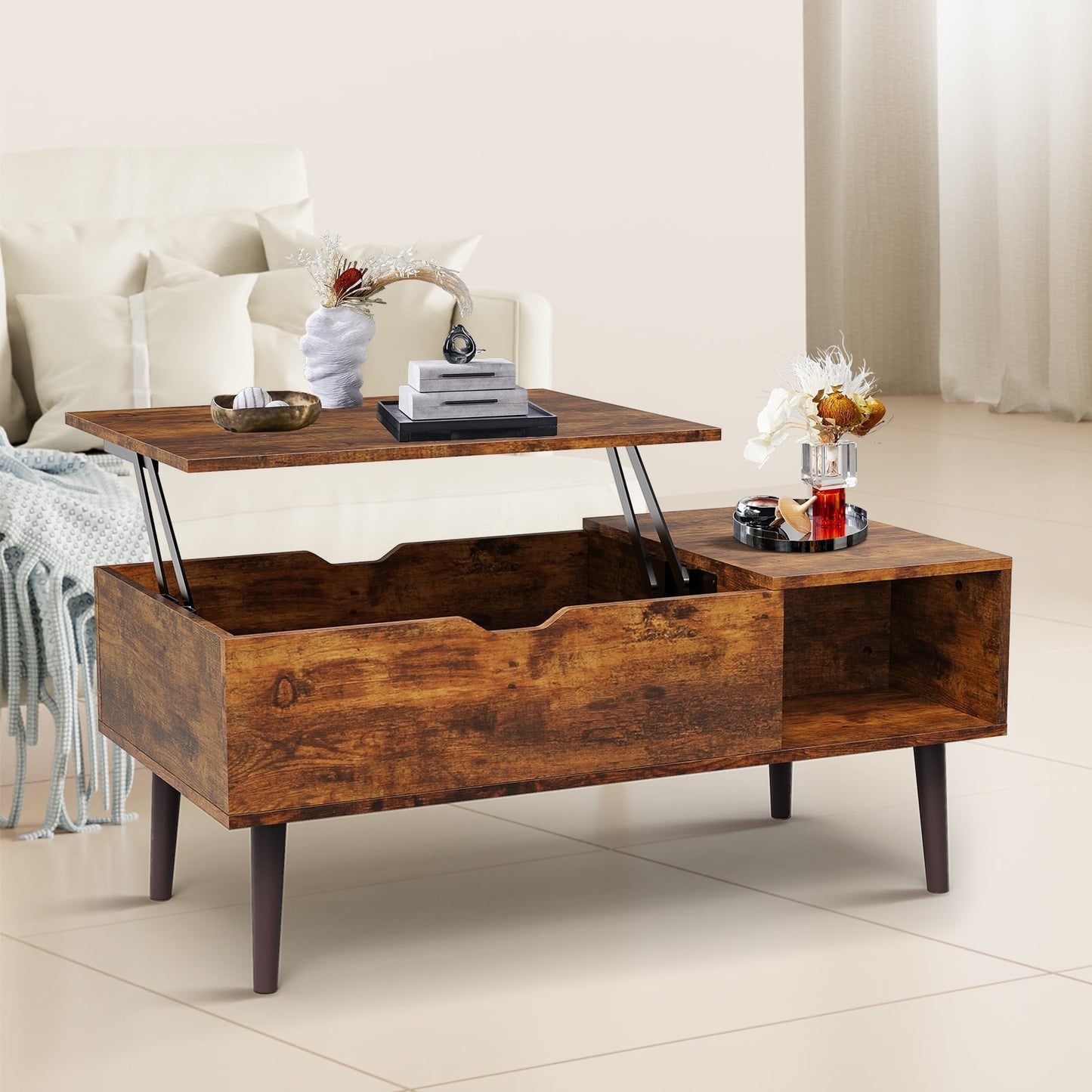 CONCETTA Modern Lift-Top Coffee Table for Living Room - Adjustable Height Convertible Center Table with Storage, Espresso Finish, Rust