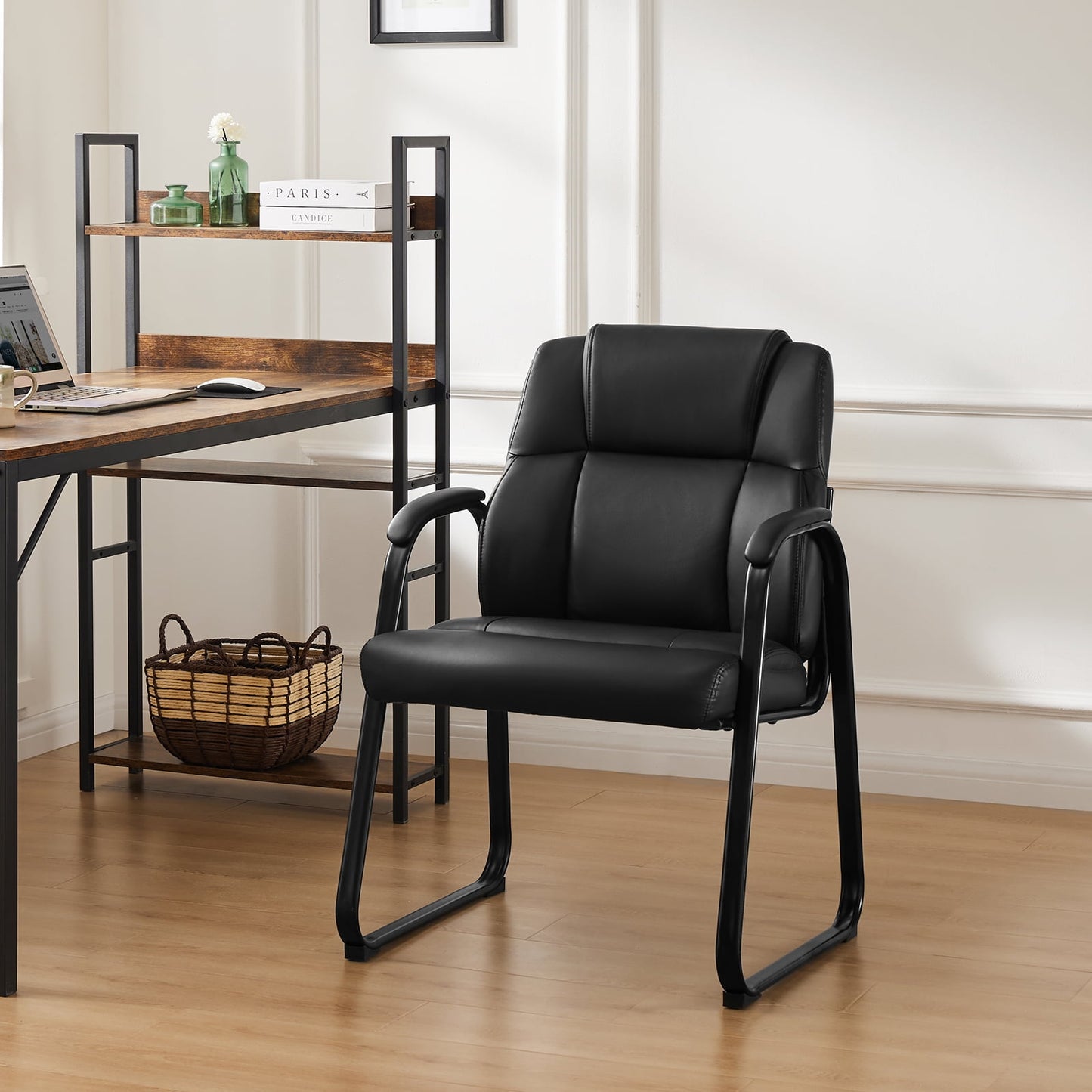 CONCETTA Office Guest Waiting Room Chair, PU Leather, Padded Arms for Conference, Black