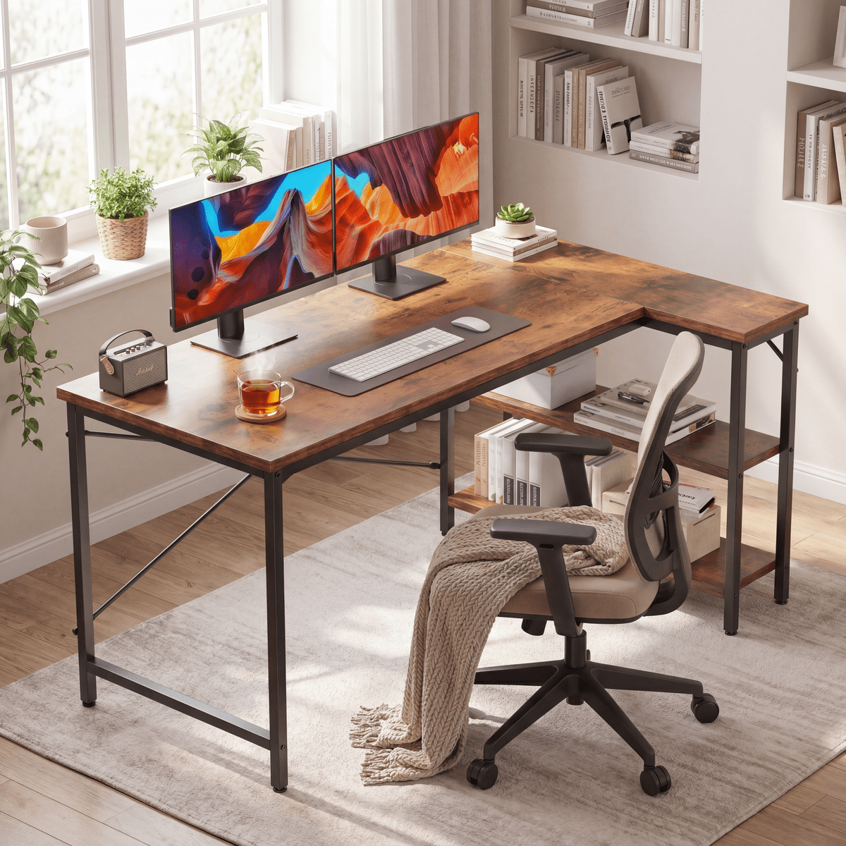 CONCETTA 39inch L Shaped Desk with Reversible Storage Shelves, 154 lbs Capacity Computer Corner Desk for Home Office, Gaming & Writing, Rust Brown
