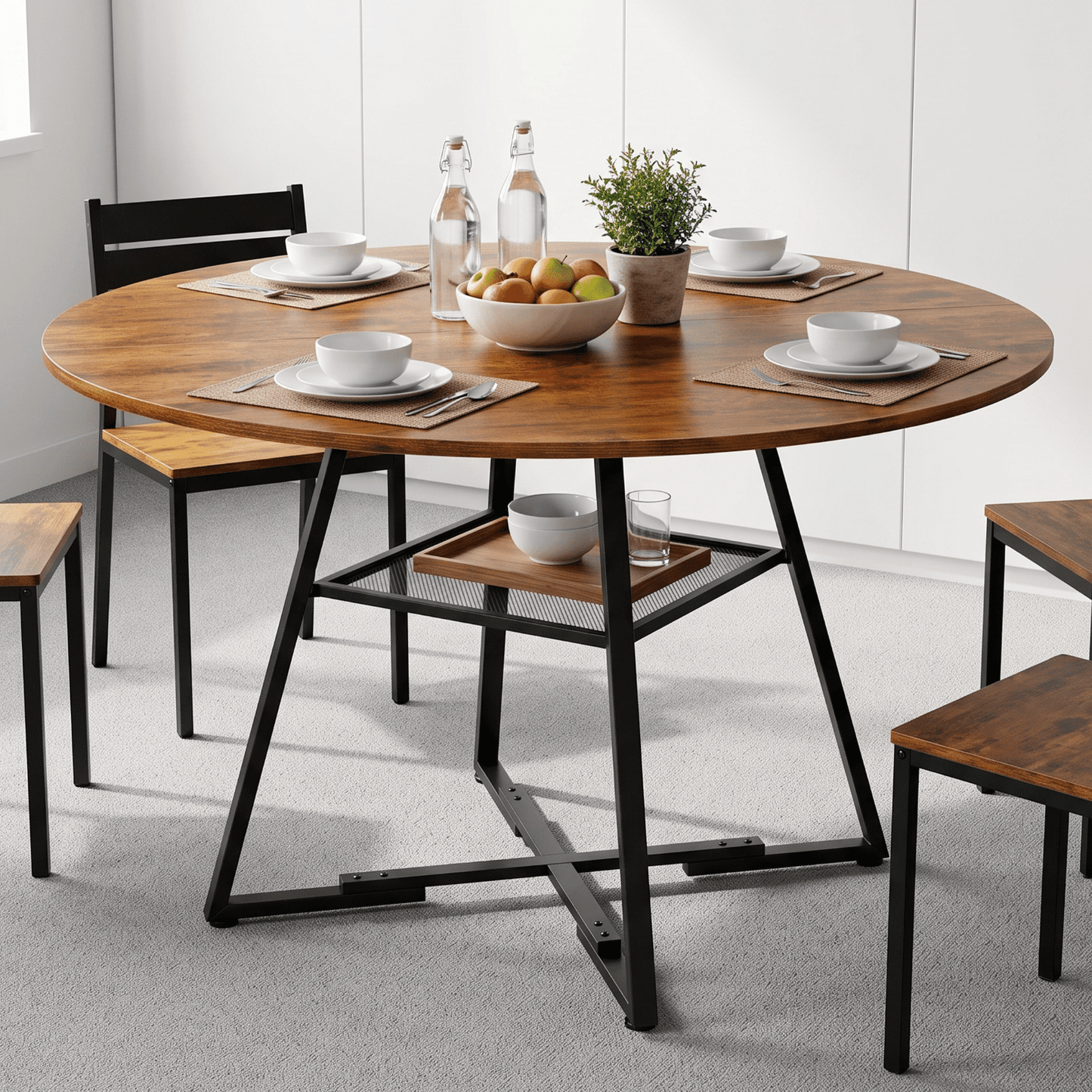 CONCETTA 47 Inch Round Dining Table for 4-6, Farmhouse Kitchen & Dining Room Table with Dual-Tier Storage Shelf, Heavy-Duty Pedestal Metal Frame, Space-Saving Circular Table for Apartment, Rust