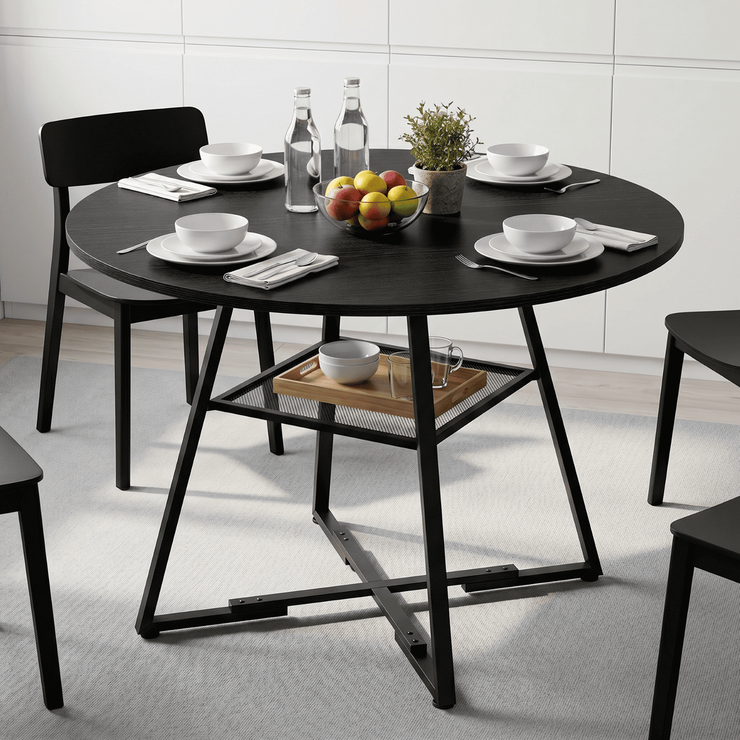 CONCETTA 42 Inch Round Dining Table for 4-6, Farmhouse Kitchen & Dining Room Table with Dual-Tier Storage Shelf, Heavy-Duty Pedestal Metal Frame, Space-Saving Circular Table for Apartment, Black