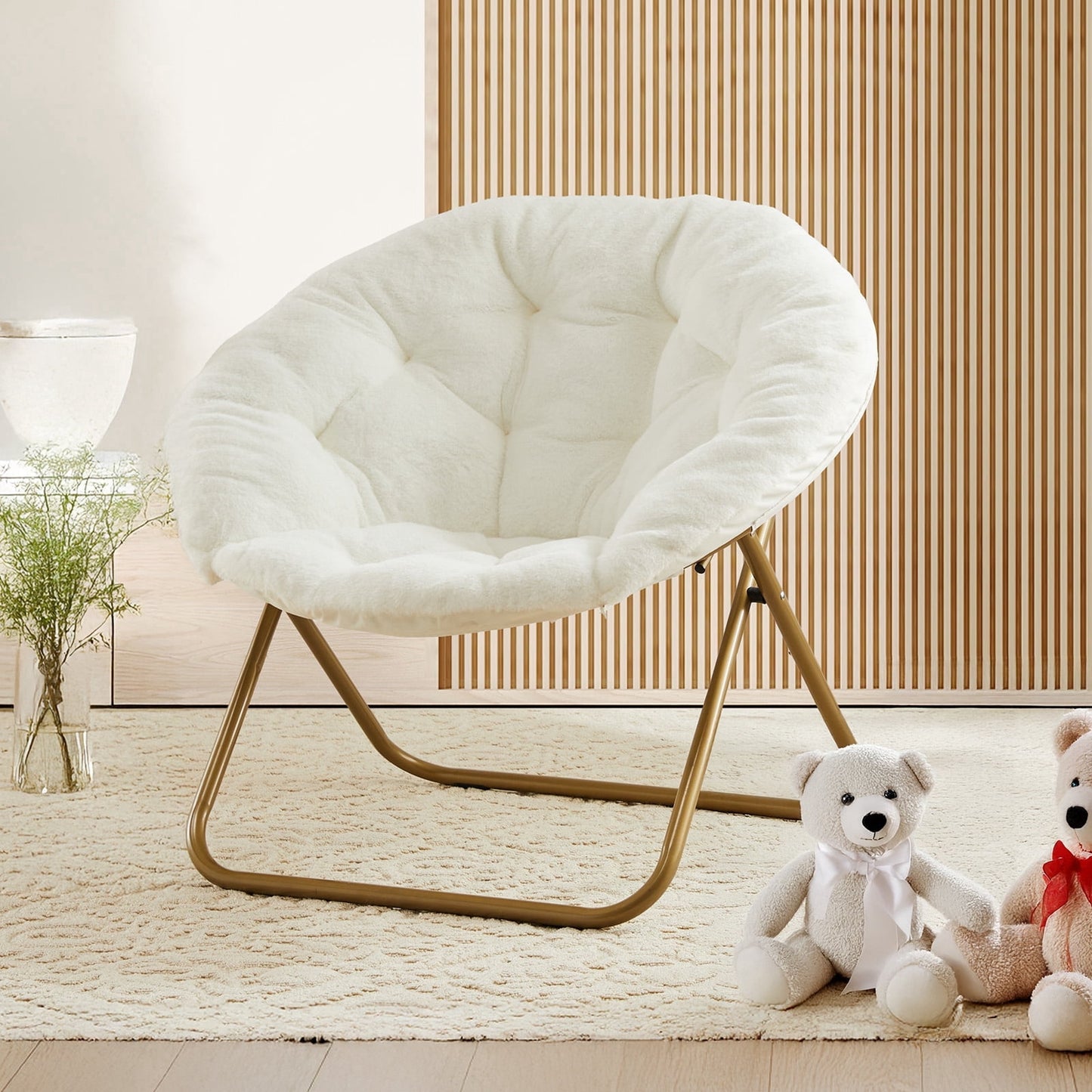 CONCETTA Folding Saucer Chair, Round X-Large Faux Fur Comfy for Lounge, Bedroom, Adults, White