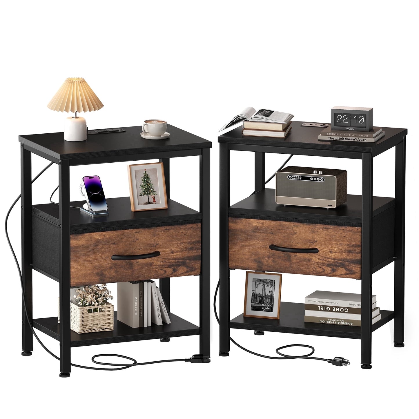 CONCETTA Set of 2 Small Night Stand with Charging Station, 1 Fabric Drawer, USB Ports and Outlets, Open Storage Shelf Bedside End Table for Bedroom, Black Brown