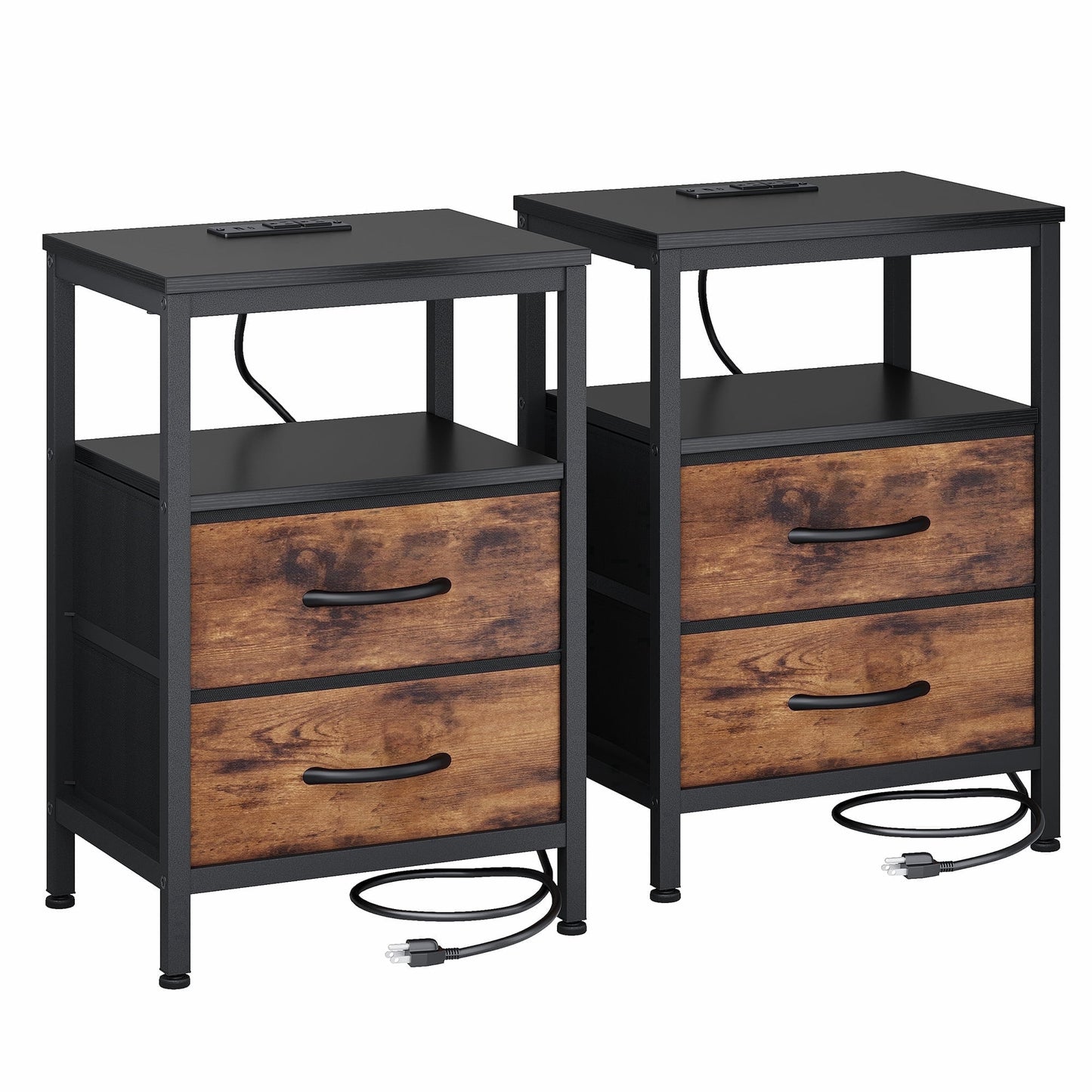 CONCETTA Set of 2 Small Nightstand with Charging Station, 2 Fabric Drawer, End Table with USB Ports and Outlets for Bedroom, Black Brown