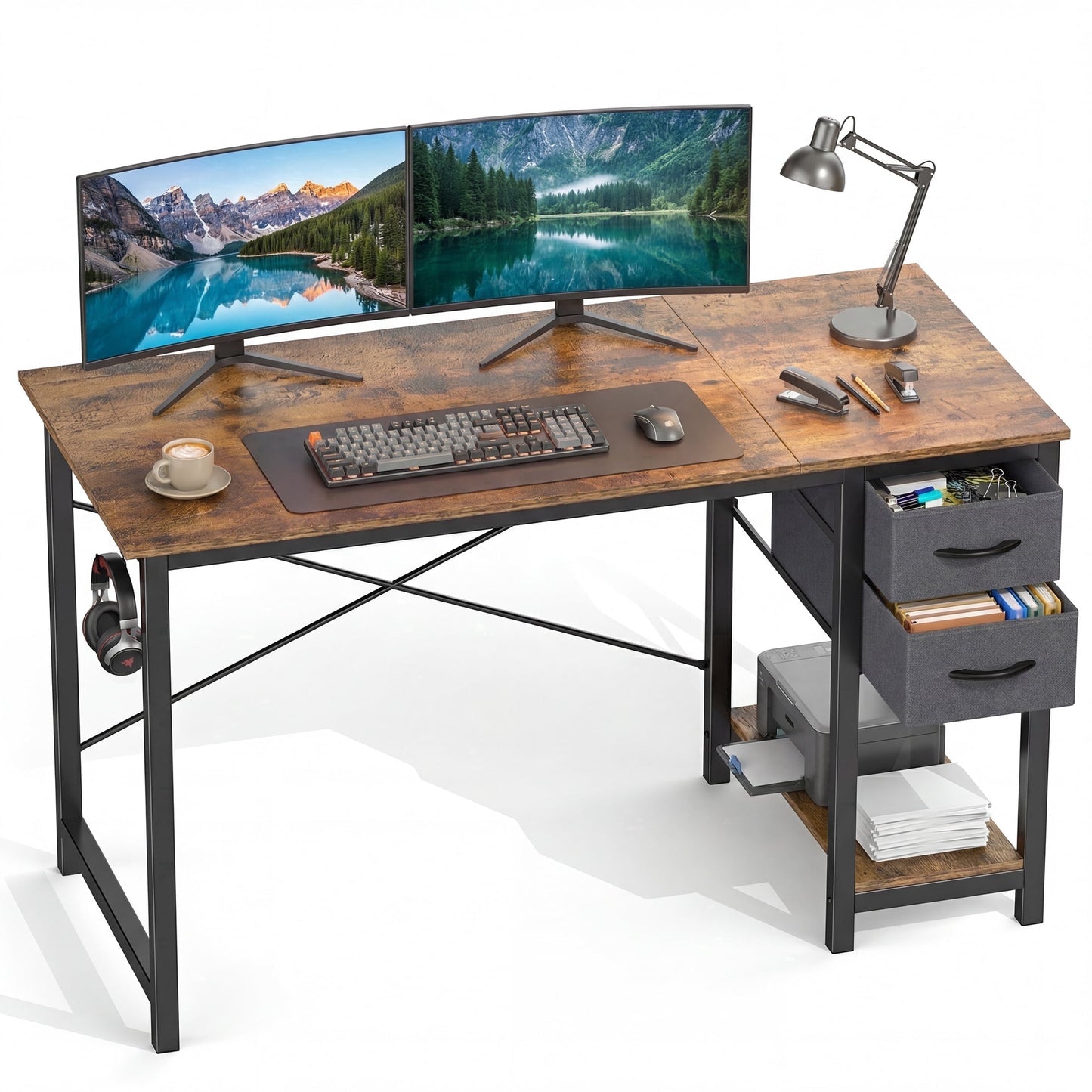 CONCETTA 47in Small Computer Desk with 2 Drawers, Side Headphone Hook, Writing Work Study Desk for Home, Rust Brown