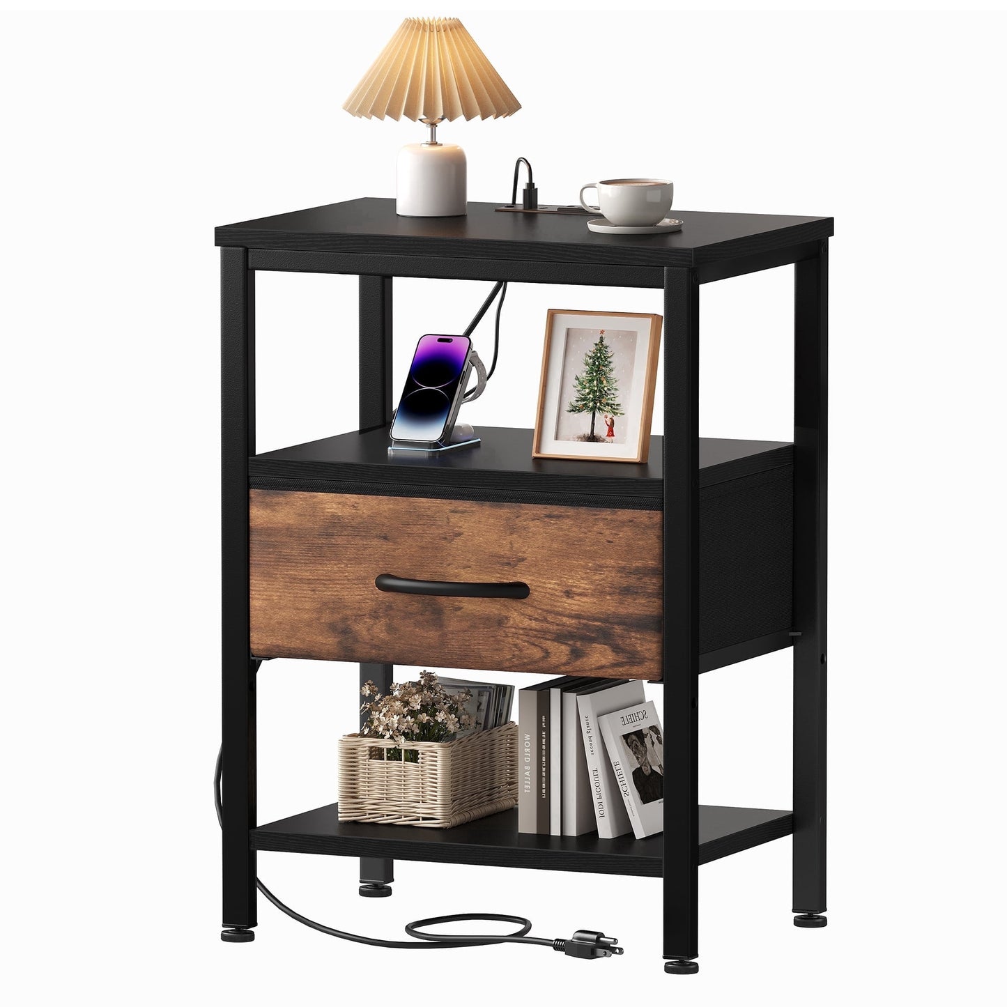 CONCETTA Small Night Stand with Charging Station, 1 Fabric Drawer, USB Ports and Outlets, Open Storage Shelf Bedside End Table for Bedroom, Rustic Brown
