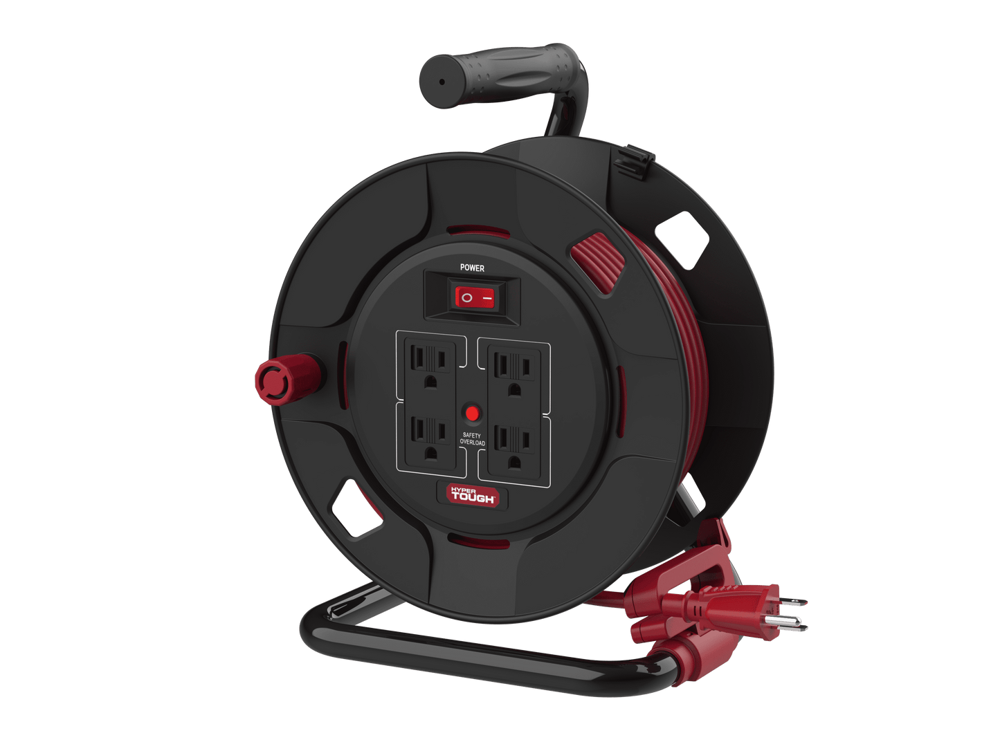 Hyper Tough Cord Reel 50ft. 4 Power Outlets – Heavy Duty 14 AWG SJTW Cable Black and Red Color, Material: PP, PVC, Copper