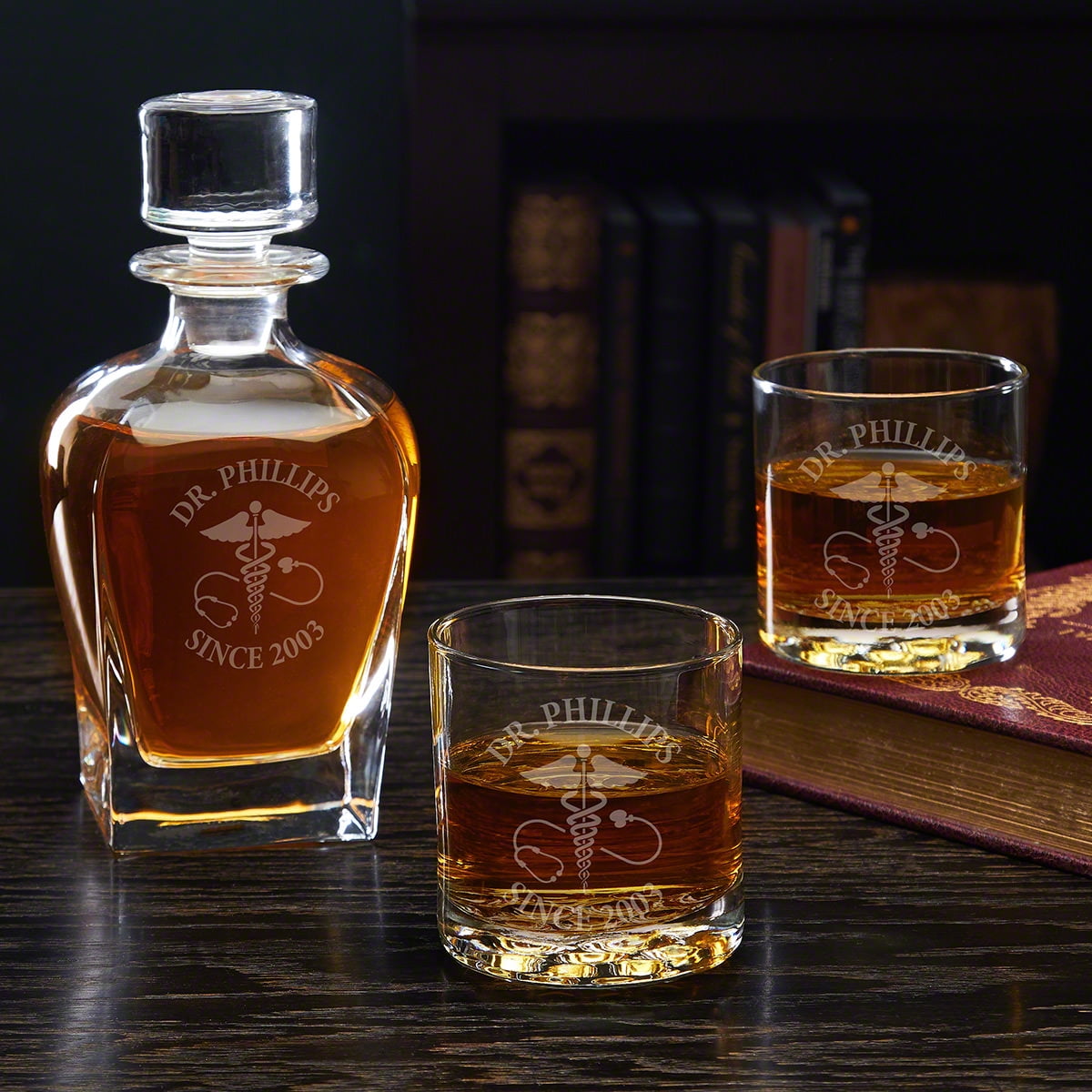 Caduceus Engraved Draper Decanter Set