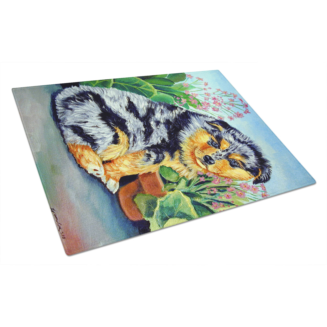 Caroline's Treasures 7045LCB Australian Shepherd Puppy Glass Cutting Board Large, 12H x 16W, multicolor