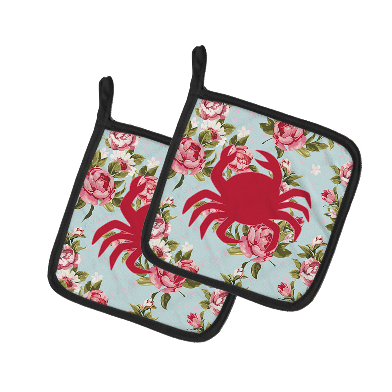 Crab Shabby Chic Blue Roses Pair of Pot Holders