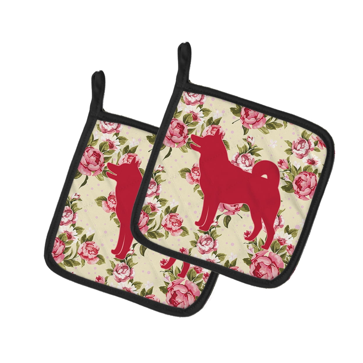 Caroline's Treasures BB1067-RS-YW-PTHD Shiba Inu Shabby Chic Yellow Roses Pair of Pot Holders , 7.5HX7.5W, multicolor