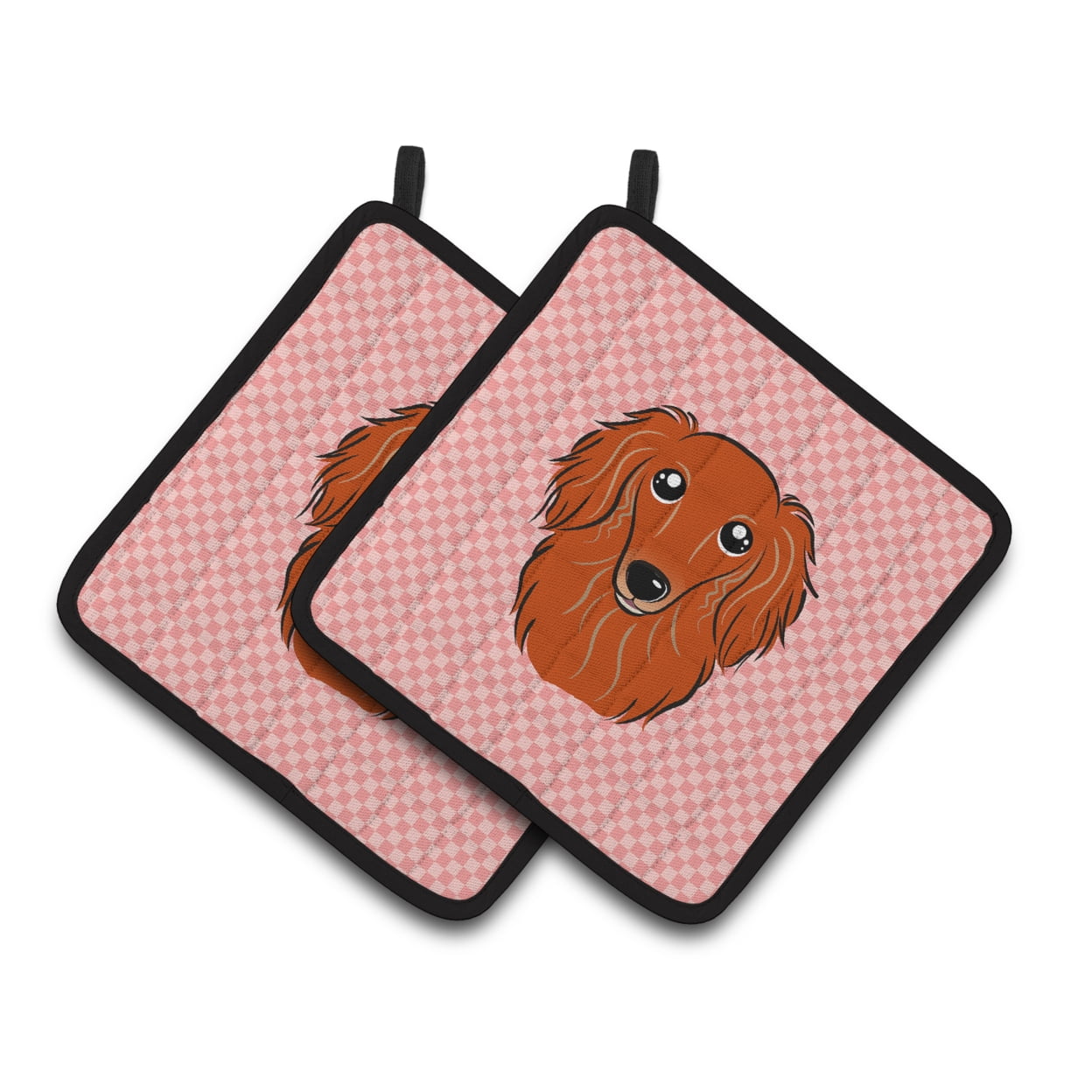 Caroline's Treasures BB1214PTHD Checkerboard Pink Longhair Red Dachshund Pair of Pot Holders , 7.5HX7.5W, multicolor