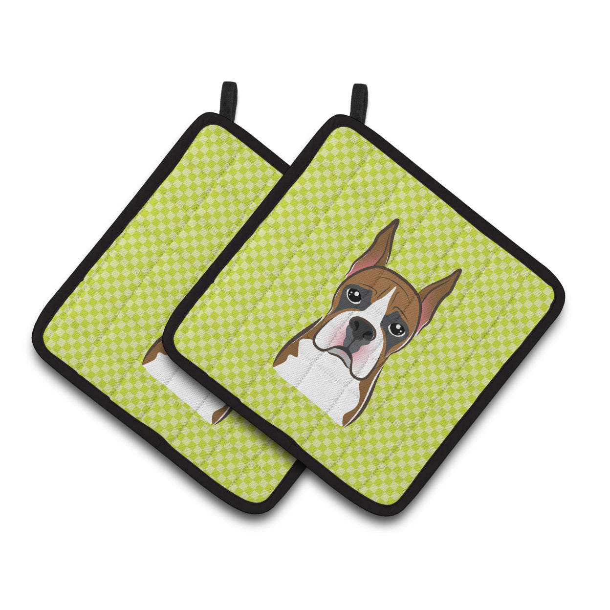 Caroline's Treasures BB1285PTHD Checkerboard Lime Green Boxer Pair of Pot Holders , 7.5HX7.5W, multicolor