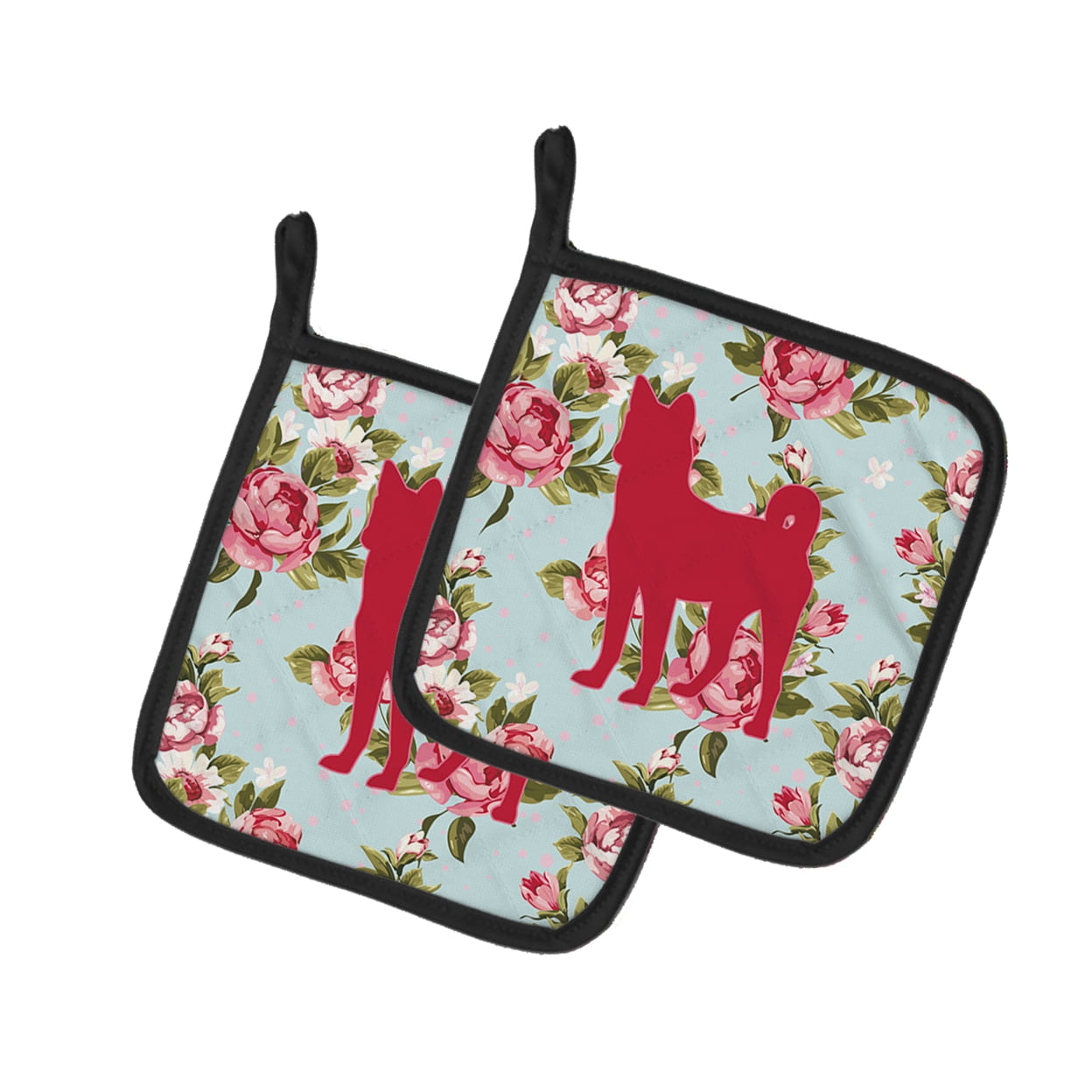 Caroline's Treasures Basenji Shabby Chic Blue Roses Pair of Pot Holders