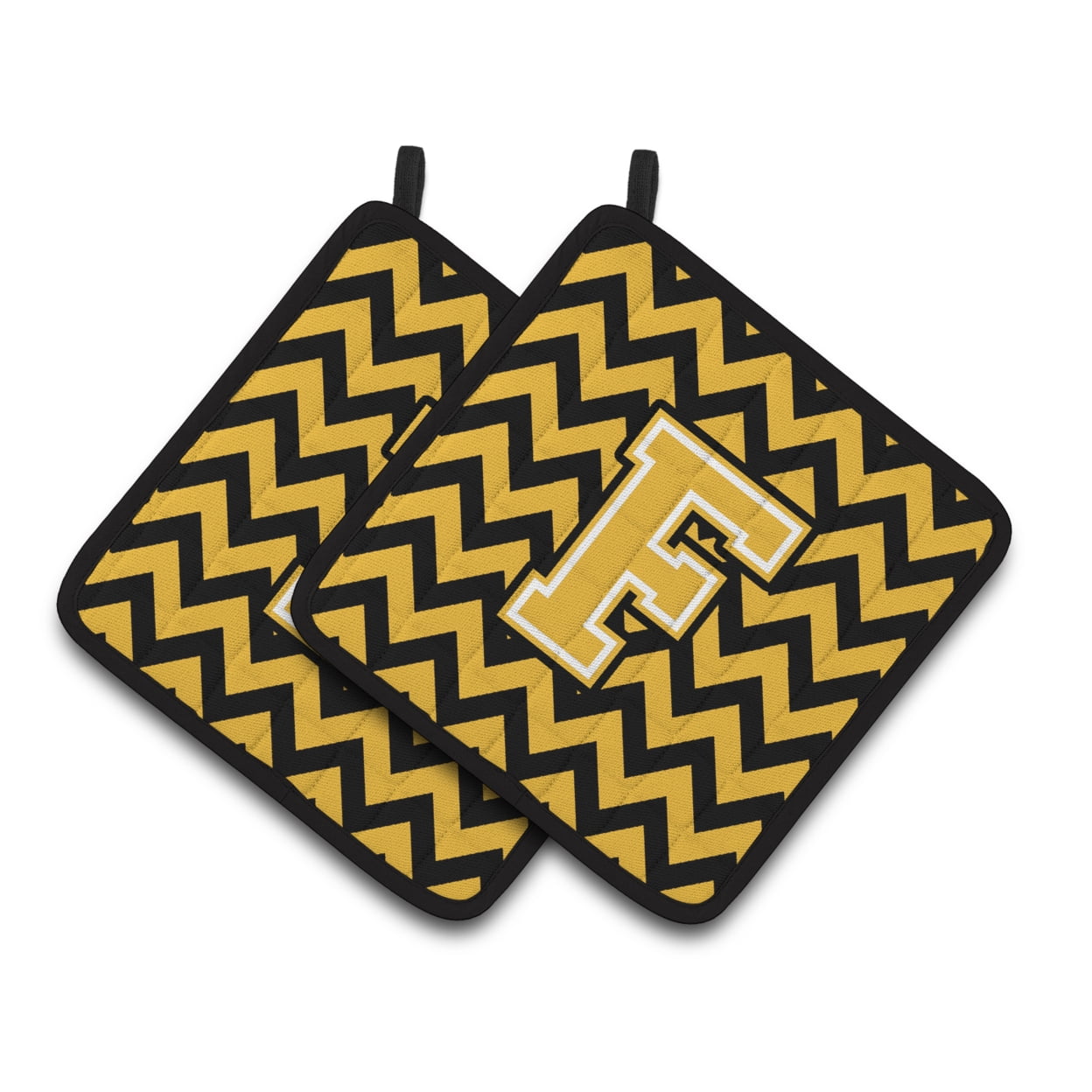 Letter F Chevron Black and Gold Pair of Pot Holders