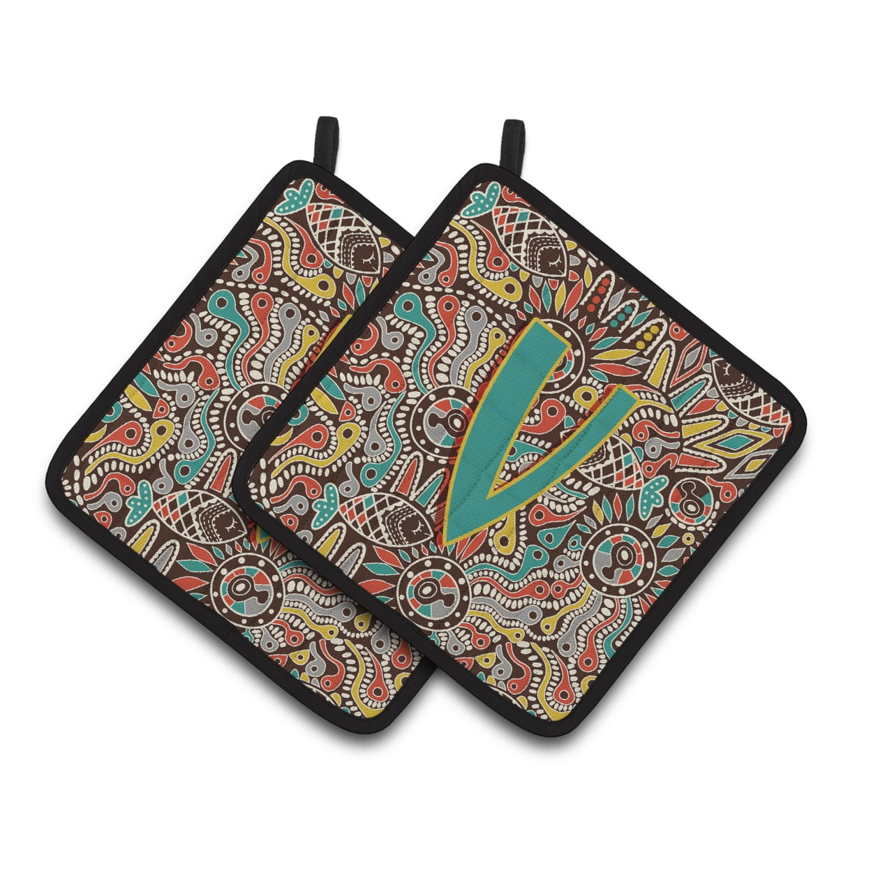 Caroline's Treasures CJ2013-VPTHD Letter V Retro Tribal Alphabet Initial Pair of Pot Holders, 7.5HX7.5W, multicolor