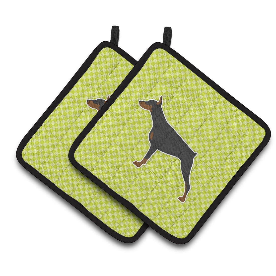 Caroline's Treasures Doberman Pinscher Checkerboard Green Pair of Pot Holders