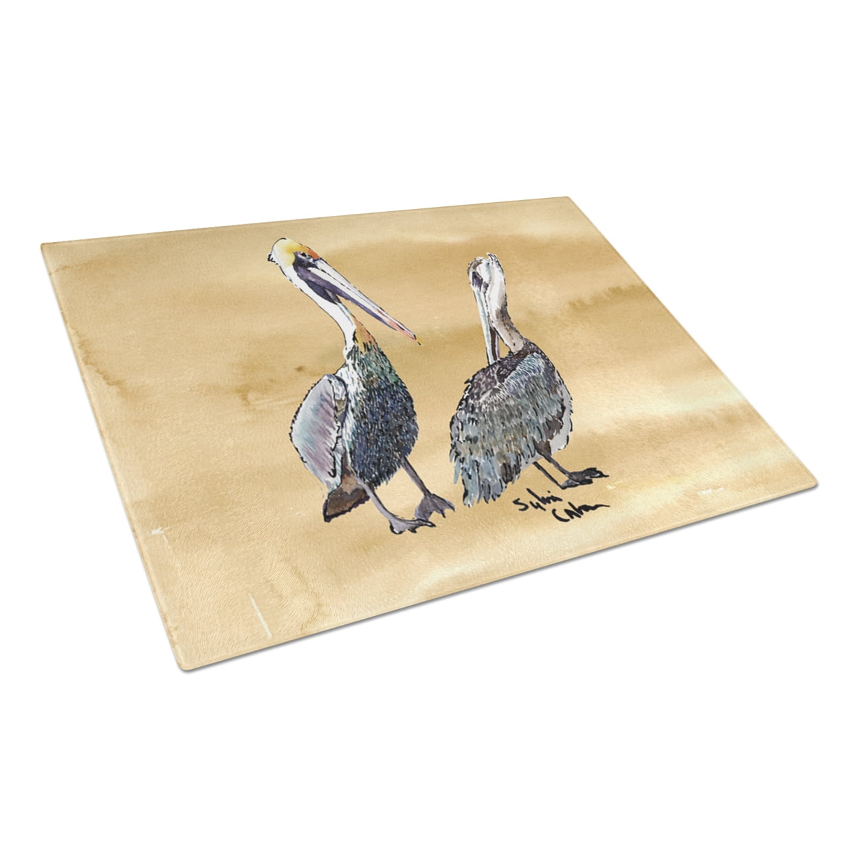 Double Trouble Pelicans on sandy beach Glass Cutting Board