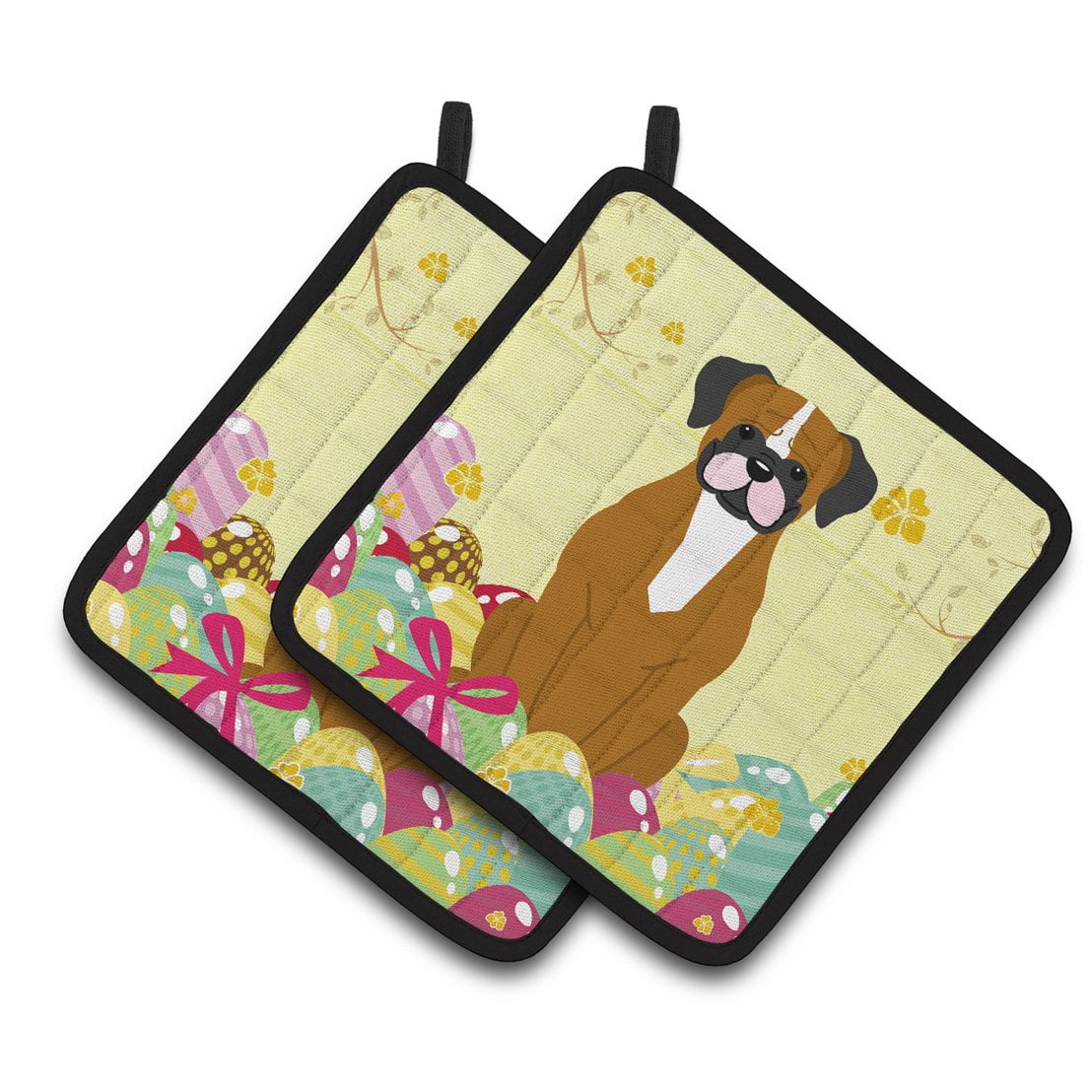 Caroline's Treasures Easter Eggs Flashy Fawn Boxer Pair of Pot Holders