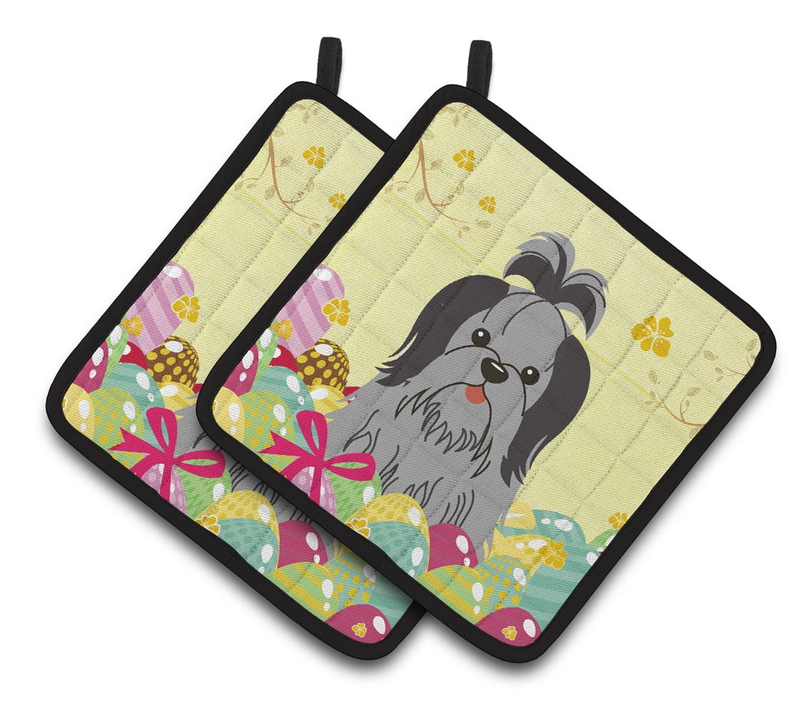 Easter Shih Tzu Black Silver Pair of Pot Holders