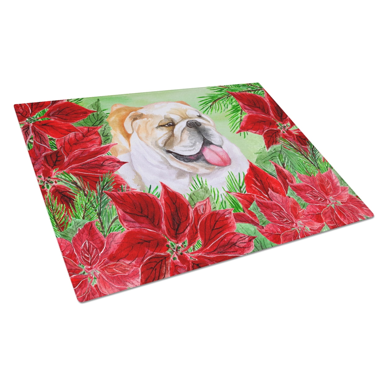 Caroline's Treasures English Bulldog Poinsettas Glass Cutting Board Large