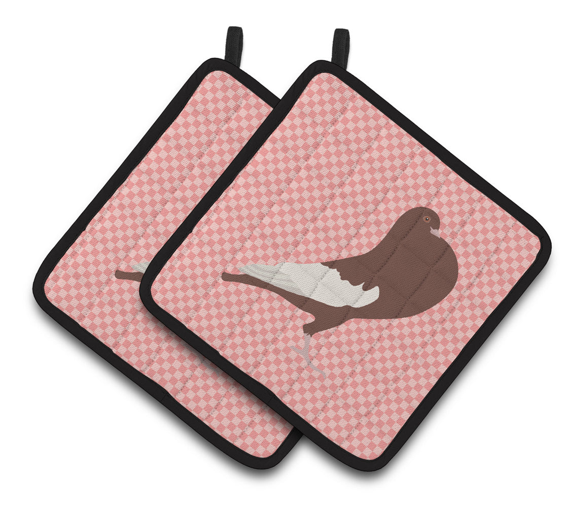 Caroline's Treasures English Pouter Pigeon Pink Check Pair of Pot Holders