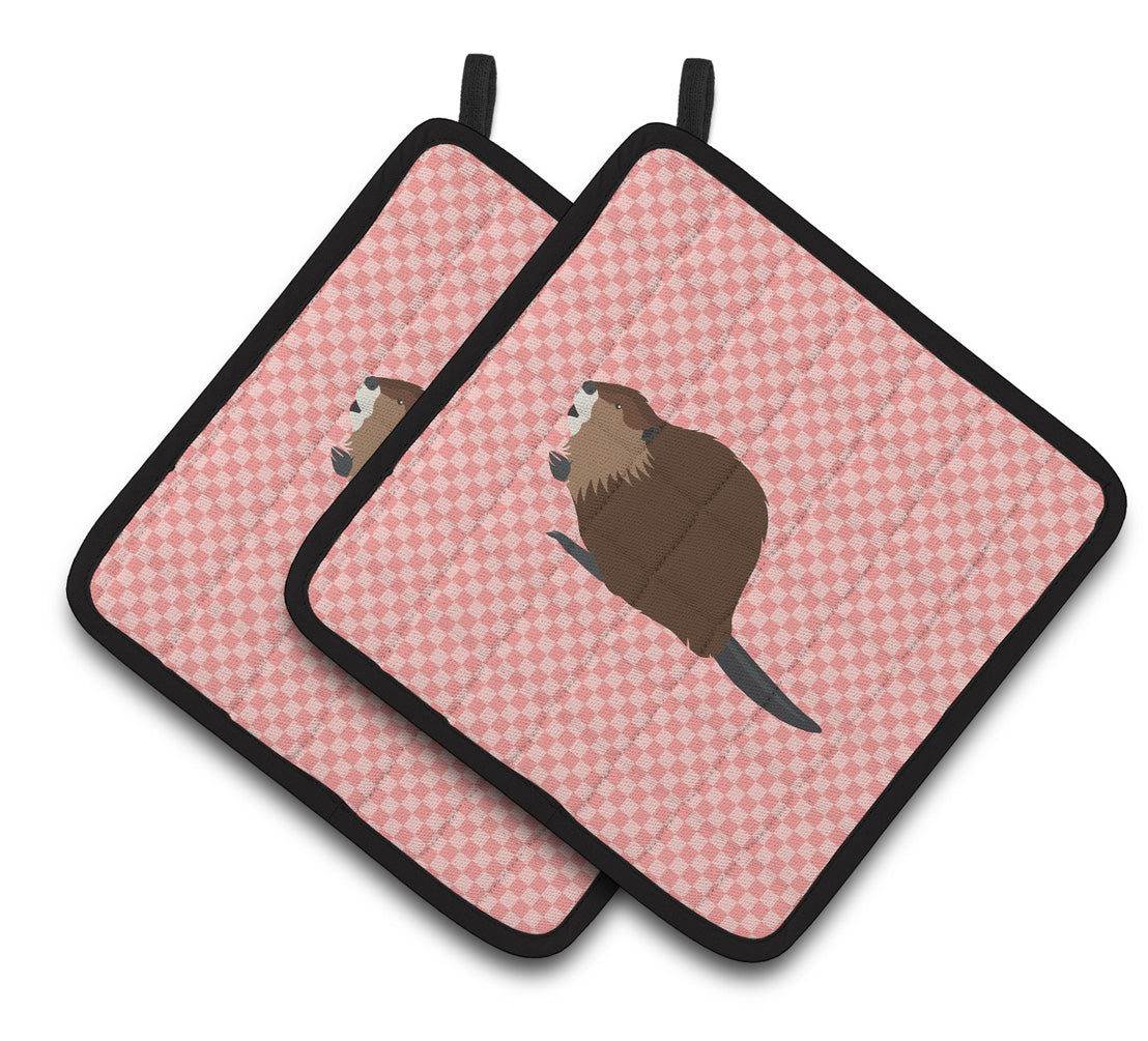 Caroline's Treasures Eurasian Beaver Pink Check Pair of Pot Holders