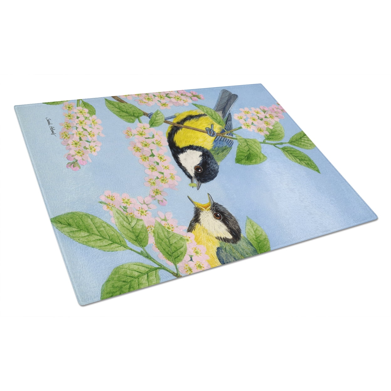 Caroline's Treasures Eurasian Blue Tits Birds Glass Cutting Board Large