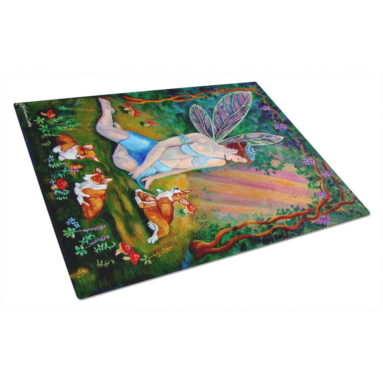 Caroline's Treasures Fairy in the woods with her Corgis Glass Cutting Board Large
