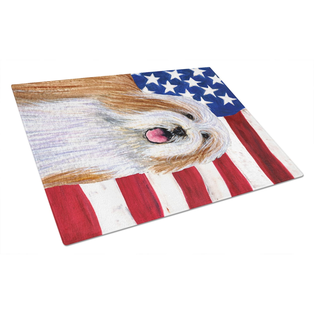 Caroline's Treasures Flag with Bearded Collie Glass Cutting Board Large