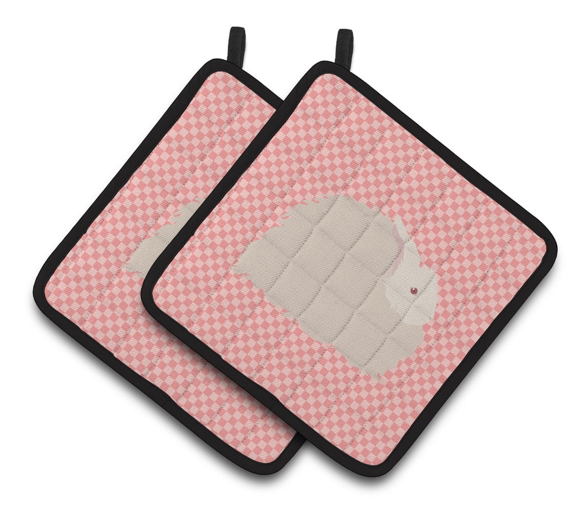 Caroline's Treasures Fluffy Angora Rabbit Pink Check Pair of Pot Holders