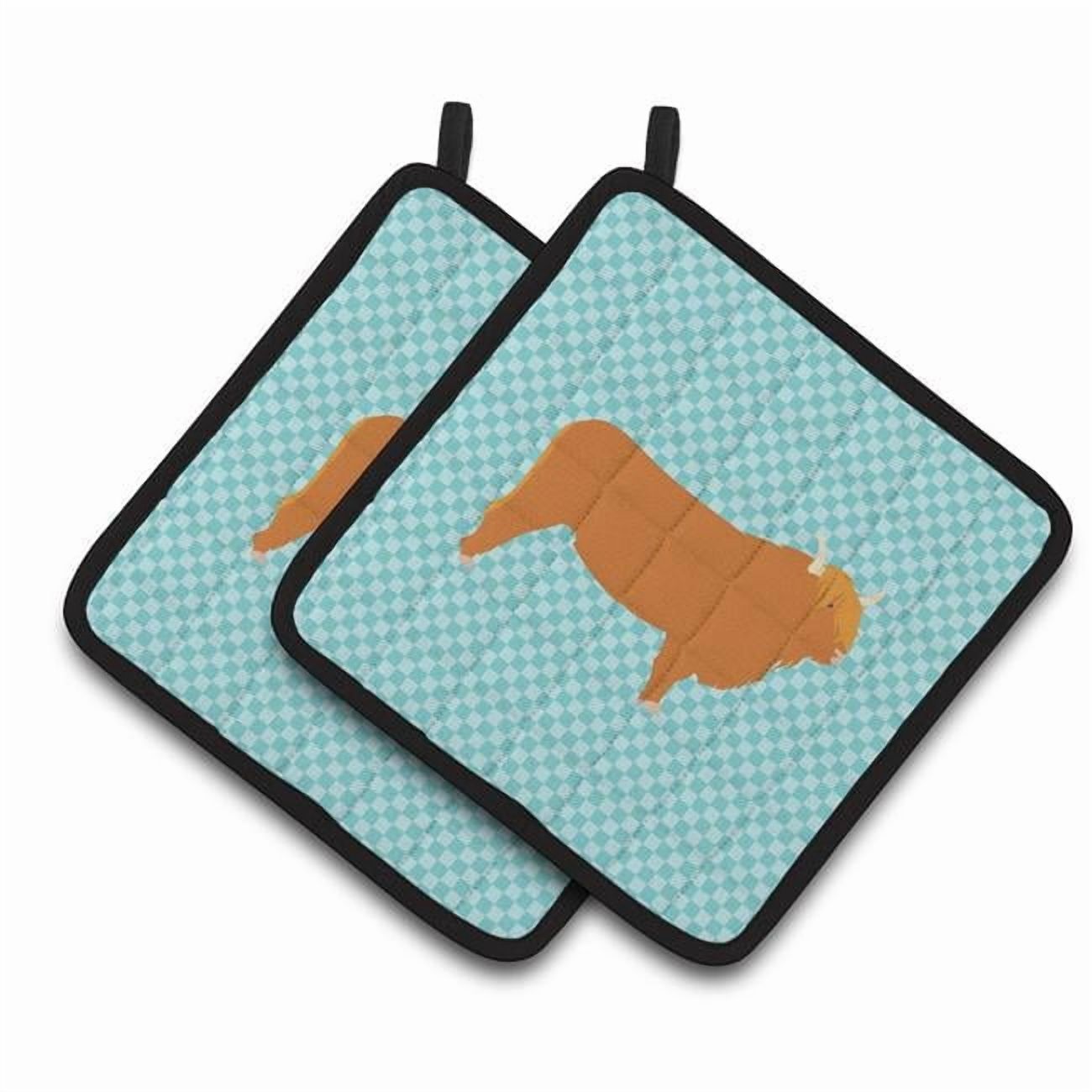 Caroline's Treasures Highland Cow Blue Check Pair of Pot Holders