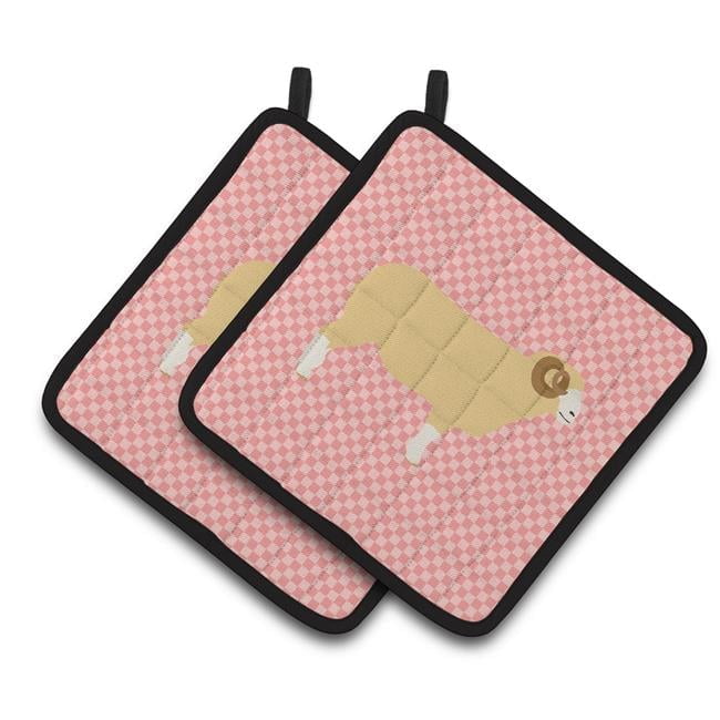 Caroline's Treasures Horned Dorset Sheep Pink Check Pair of Pot Holders