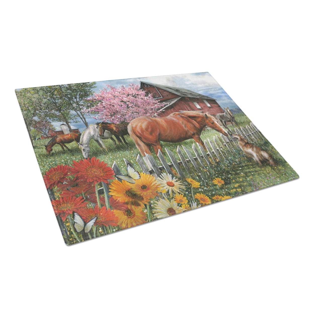 Caroline's Treasures Horses Chatting with The Neighbors Glass Cutting Board Large