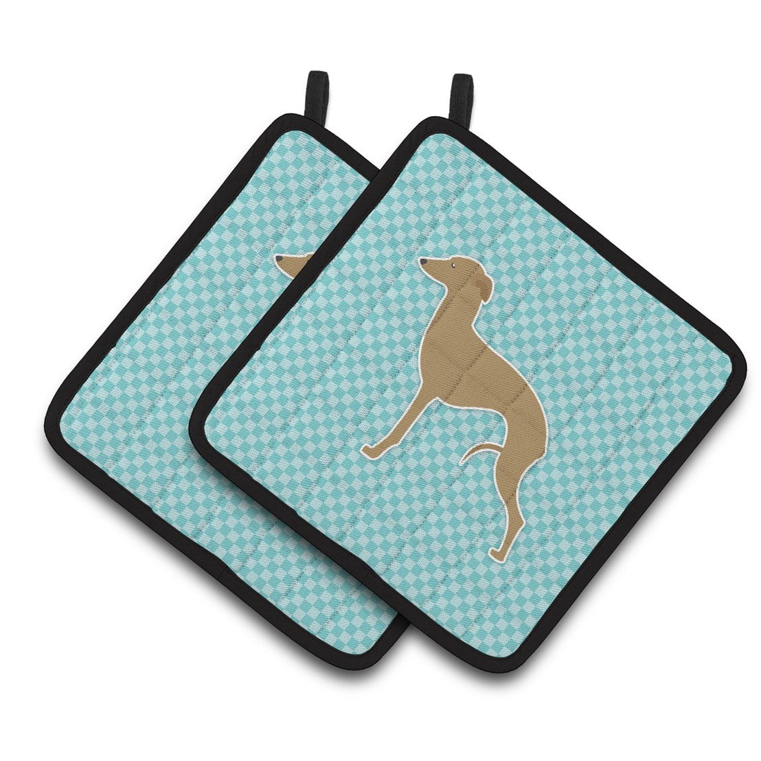 Italian Greyhound Checkerboard Blue Pair of Pot Holders