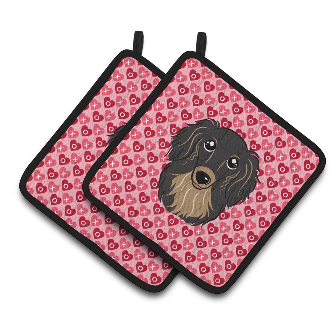 Caroline's Treasures Longhair Black and Tan Dachshund Hearts Pair of Pot Holders