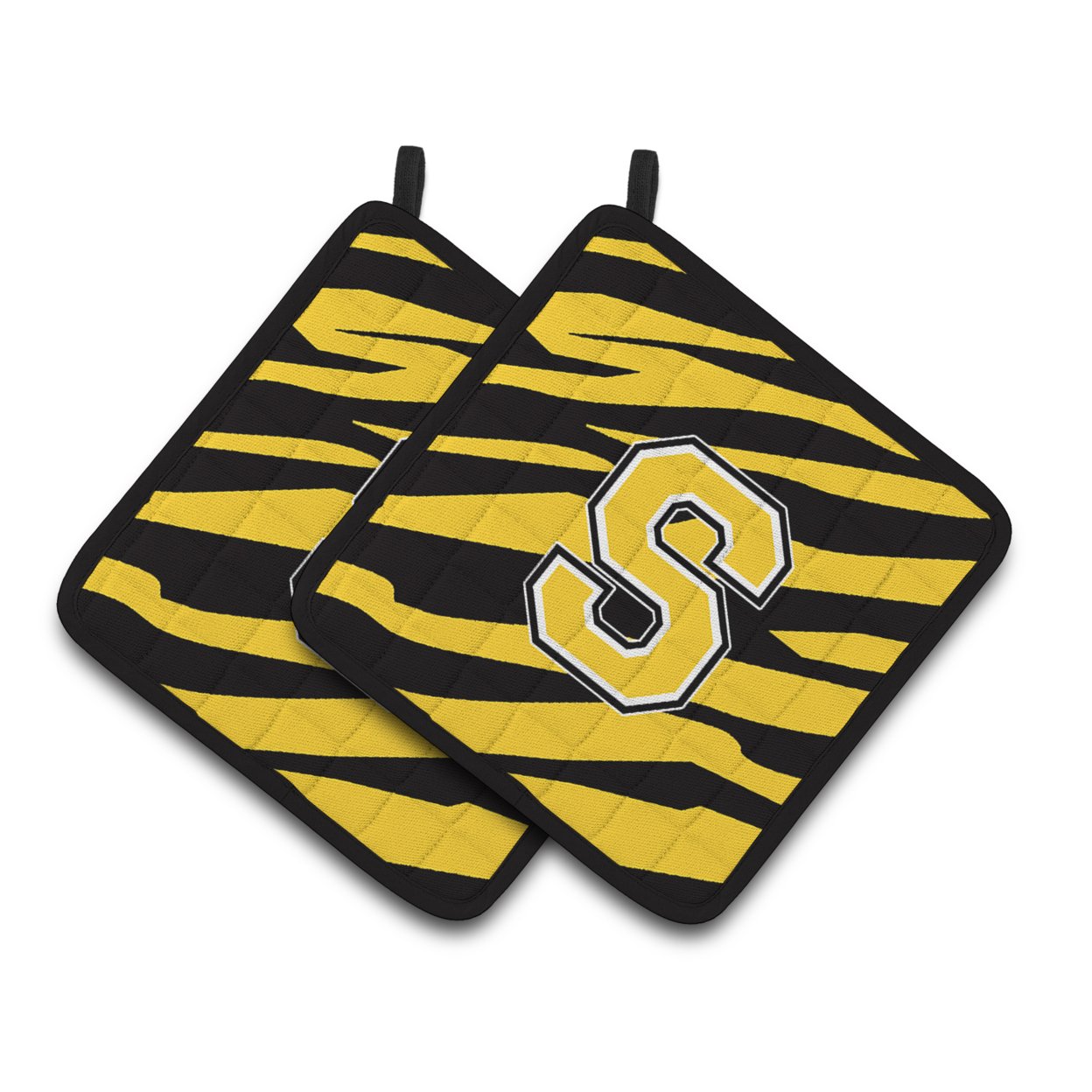 Caroline's Treasures Monogram Initial S Tiger Stripe - Black Gold Pair of Pot Holders
