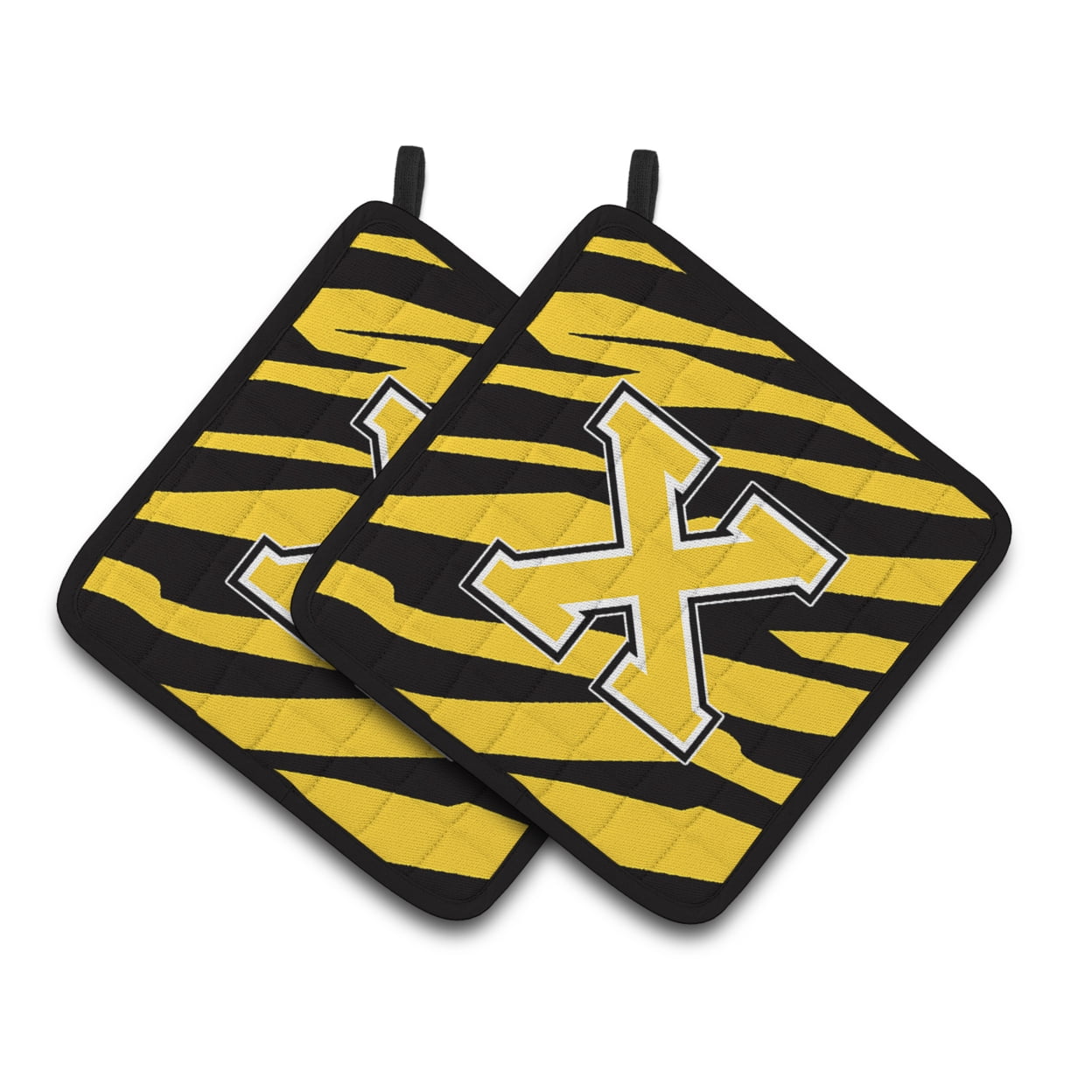 Monogram Initial X Tiger Stripe - Black Gold Pair of Pot Holders