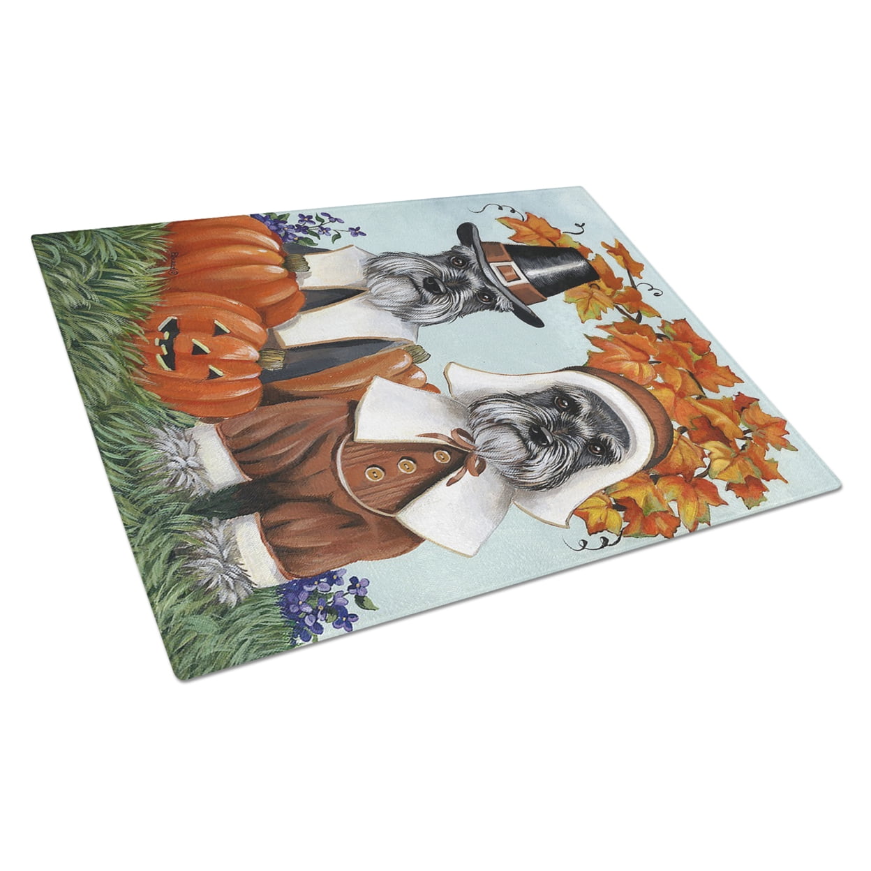 Caroline's Treasures PPP3167LCB Schnauzer Thanksgiving Pilgrims Glass Cutting Board Large, 12H x 16W, multicolor